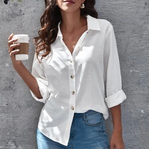 Button up collared long sleeve top boho cotton white
